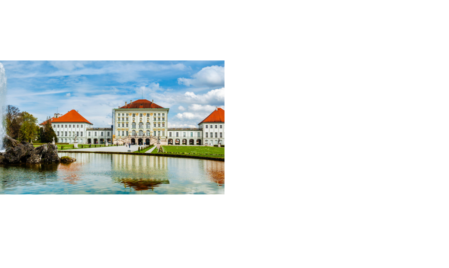 Schloss Nymphenburg in München, mit symmetrischem Barockbau, rotem Dach, Park und Teich im Vordergrund.